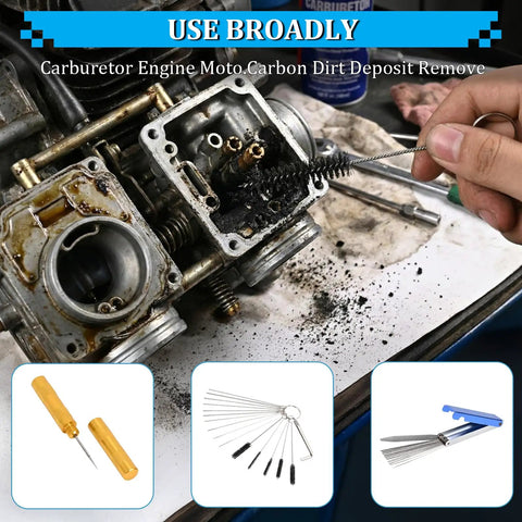 All-In-One Pro-Grade Carburetor Cleaning Kit With 13 Stainless Steel Wires, 10 Cleaning Needles, and 5 Brushes in use
