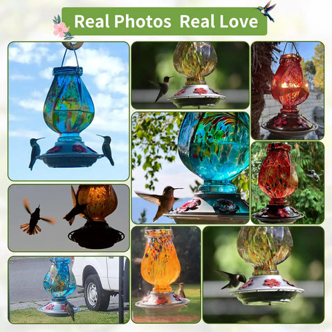 Hand Blown Glass Hummingbird Feeder With Ant Moat And Bee Proof Ports For Outdoor Hanging Leak Proof 360 Degree Perch 22 Ounce Blue
