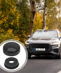 20 Pairs License Plate Screw Caps With Washers, Black Plastic Bolts next to SUV on road with autumn trees