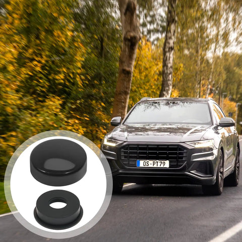 20 Pairs License Plate Screw Caps With Washers, Black Plastic Bolts next to SUV on road with autumn trees