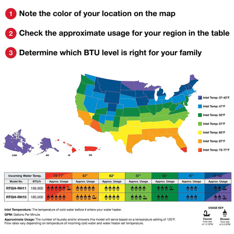 Home Run Liquid Propane Tankless Water Heater With Built In Recirculation Pumps Out Instant Family Ready Hot Water At 10 GPM to show usage map and BTU levels.