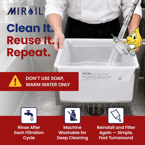 Heavy Duty Reusable Fryer Oil Filter Bag With Micro Mesh Strainer For Restaurant Kitchens Keeps Grease Crisp And Saves Serious Dough On Cooking Oil For MOD0800 Machines being rinsed in sink.