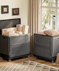 Hella Spacious Rolling Storage Totes With Snappy Lid Covers And Easy Glide Wheels Big Boy 130 Quart Plastic Organizer Bins with boxes inside.