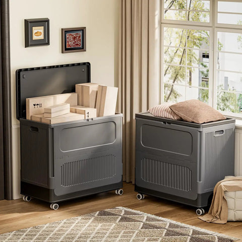 Hella Spacious Rolling Storage Totes With Snappy Lid Covers And Easy Glide Wheels Big Boy 130 Quart Plastic Organizer Bins with boxes inside.