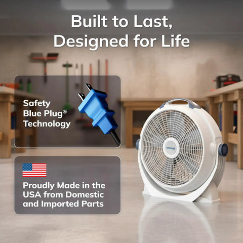 20 Inch High Velocity Floor Fan With Three Speeds And 360 Degree Airflow, Portable Air Circulator for Home, shown in garage setting