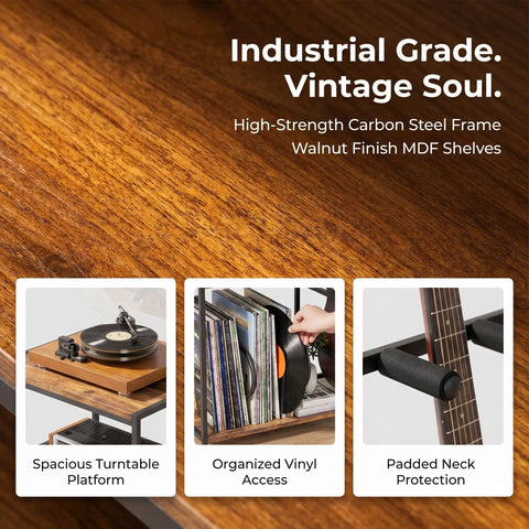 Industrial grade walnut finish MDF shelves with high-strength carbon steel frame showcasing turntable, vinyl, guitar holder.