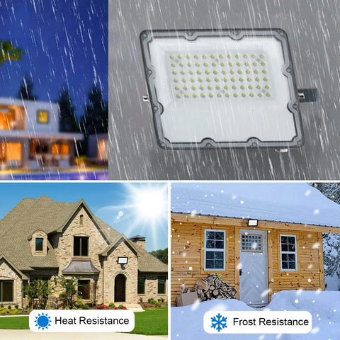 2 Pack 60W LED Outdoor Flood Light Plug In 110V Aluminum Body Exterior Flood Lights With PC Lens installed outside house