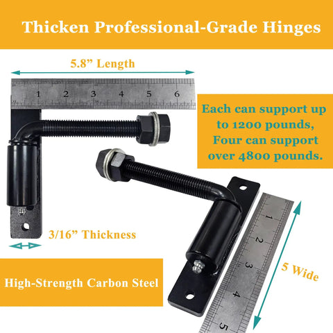 Hella Sturdy Four Pack Five Inch J Bolt Gate Hinges For Wood And Metal Fencing Boasts A Heavy Duty No Weld Design With Welded Screw Brackets For A Quick No Sweat Install, high-strength carbon steel, 5.8 inch length, 3/16 inch thickness.