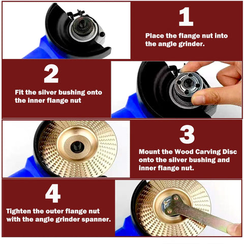 Pro Grade Woodworking Disc Set For Angle Grinders Four Inch And A Half Inch Includes Five Wood Carving Discs For Shaping Sanding Polishing And Quick Grinding Wheels With Five Eighth Inch Adapter Ring For Wood Cutting DIY Projects mounted on angle grinder