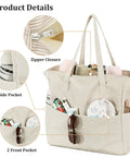 Large 36L Waterproof Beach Tote Bag For Women With Zipper Wet Pocket, showcasing khaki white stripes and multiple pockets.