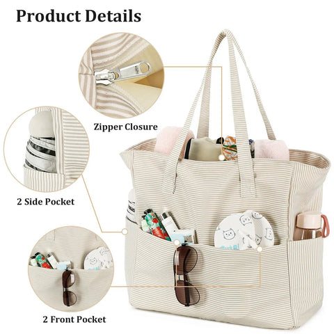 Large 36L Waterproof Beach Tote Bag For Women With Zipper Wet Pocket, showcasing khaki white stripes and multiple pockets.