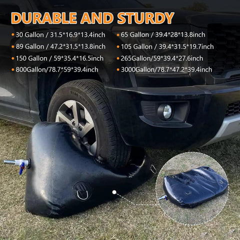 65 Gallon Foldable Water Storage Bladder For Camping Gear And Emergency Prep With Three Quarter Inch Spigot under vehicle tire