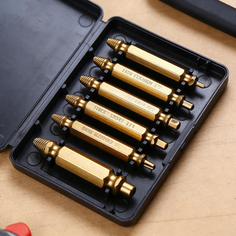 Damaged Screw Extractor Set Pack Of 6 With Gold Titanium Coated HSS 4341 Drill Bit Remover Kit in storage box open view