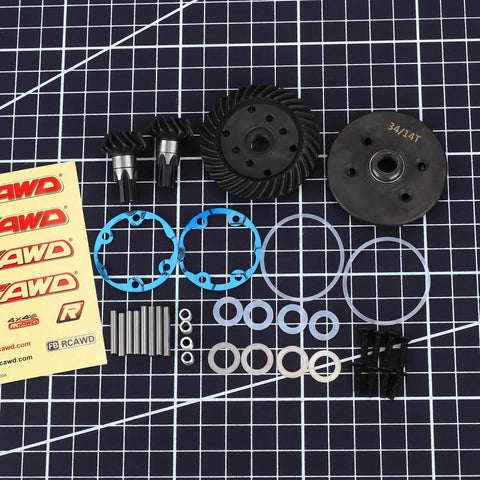 Two Piece 34T Main Differential Helical Gear And 14T Input Gear Set For Arrma 1/10 Scale RC Cars laid out on grid