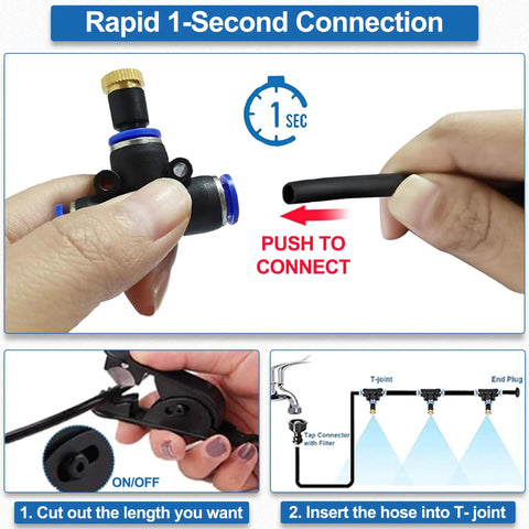 Outdoor Patio Misting System For Cooling Your Yard 75 Ft 23 M Kit showing rapid 1-second connection with push-to-connect feature