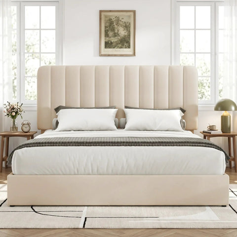 Snag This Premium Full Size Velvet Upholstered Bed Frame With Four Roomy Roll Out Drawers And Cozy Padded Headboard Featuring Rock Solid Wood Slats To End Your Box Spring Shopping Stress Fast in a bright bedroom setting.