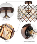 Close-up view of Crystal Chandelier 3 Light Pendant Ceiling Light Modern Fixture for Bedroom Living Room Hallway Kitchen Bar Dining, Slick Clear Glass Shade, Oil Rubbed Bronze Finish, 13 Inch Wide by 10 Inch High, E12 Base, Bulbs Not Included showing ceiling adapter, prism design, and E12 base socket.