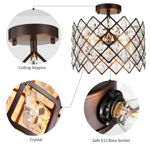 Close-up view of Crystal Chandelier 3 Light Pendant Ceiling Light Modern Fixture for Bedroom Living Room Hallway Kitchen Bar Dining, Slick Clear Glass Shade, Oil Rubbed Bronze Finish, 13 Inch Wide by 10 Inch High, E12 Base, Bulbs Not Included showing ceiling adapter, prism design, and E12 base socket.