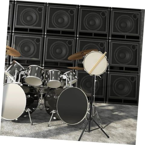 Flat Out Killer Heavy Duty Alloy Drum Rack Featuring A Folding Snare Stand And Fully Adjustable Tripod Shelf Built Tough for home studio setup with speakers.