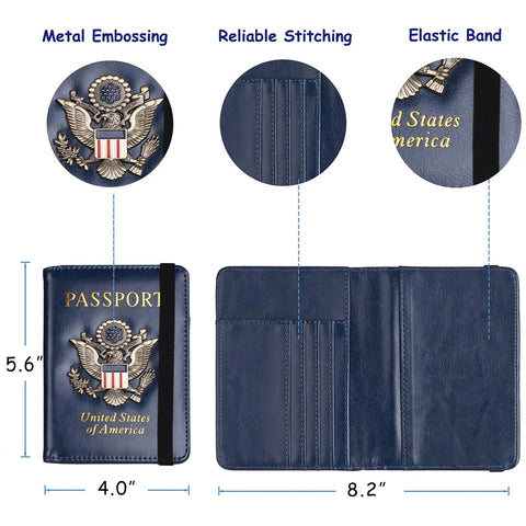 RFID Blocking Leather Passport Holder Travel Wallet For Women And Men, Multi Card Organizer, Metal Embossing, Dark Blue