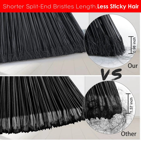 Comparative image of Heavy Duty 3 Pack Broom Set With 55 Inch Telescoping Pole showing shorter bristles for less sticky hair.