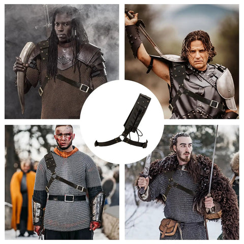 Medieval Sword Holster Back Strap for Shoulder or Crossbody worn by various characters in armor, showcasing Viking style use.