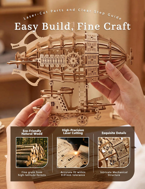 3D Wooden Steampunk Airship Puzzle Kit For Adults, Epic 160 Precision Cut Pieces, No Glue Assembly, hands holding model
