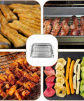 Collage of 2 Piece Air Fryer Basket Set With Magnetic Cooking Times Cheat Sheet And Oven Reference Magnet, with food examples