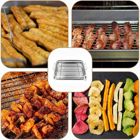 Collage of 2 Piece Air Fryer Basket Set With Magnetic Cooking Times Cheat Sheet And Oven Reference Magnet, with food examples