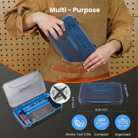 Mini Cordless Rotary Tool 5 Speed Rechargeable Heavy Lifter With 129 Rugged Accessories in compact storage case.