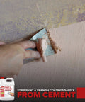 Kickass Heavy Duty Paint And Varnish Stripper Gel For Wood And Metal in use, stripping paint from cement surface with a scraper.