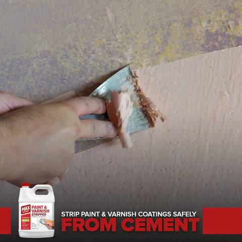Kickass Heavy Duty Paint And Varnish Stripper Gel For Wood And Metal in use, stripping paint from cement surface with a scraper.