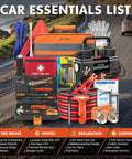 Car emergency kit with portable air compressor, jumper cables, first aid kit, and tools in orange bag