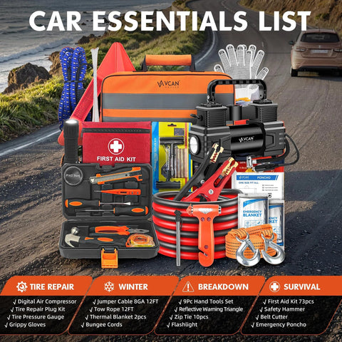 Car emergency kit with portable air compressor, jumper cables, first aid kit, and tools in orange bag