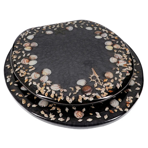 Deluxe Resin Maui Decorative Elongated Toilet Seat With Slow Close And No Slam Chrome Hinges For Coastal Beach House Decor Shells Theme Durable Reinforced Resin Construction