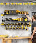 Heavy Duty Tool Organizer Wall Mount Rack With 3-Tier Extra Tall Metal Shelf, 8 Drill Holders And Battery Storage in garage