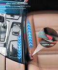 Sporty Leather Seat Gap Filler Plug For BMW Series Cars, showing universal seat gap spacer installed between seat and console.