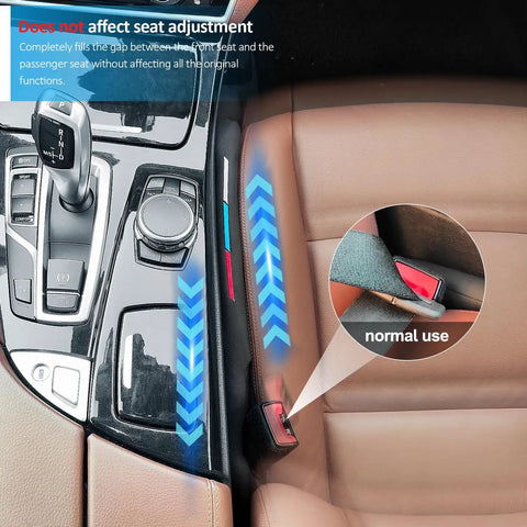 Sporty Leather Seat Gap Filler Plug For BMW Series Cars, showing universal seat gap spacer installed between seat and console.