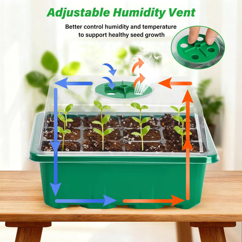 5 Pack Seed Starter Trays Kit With Clear Humidity Dome And Base Indoor Greenhouse Propagator showing adjustable vents
