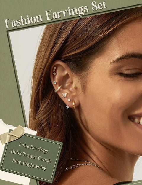 14K Gold Plated Earring Stacks for Women Cartilage Set Hypoallergenic 316L Stainless Steel Studs Nickel Free Lightweight Gold Tone Ear Jewelry Multi Pack for Daily Wear and Sensitive Ears on model ear