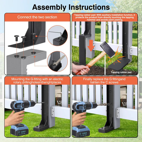 Assembly instructions for No Nonsense Heavy Duty Fence Post Repair Kit 2 Pack Steel Ground Spike Anchors with tools used for installation.