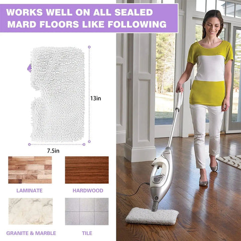 Replacement Steam Mop Pads 4 Pack Standard 13 X 7.5 Inch With 0.4 Inch Hook And Loop Fastener in use on hardwood floor