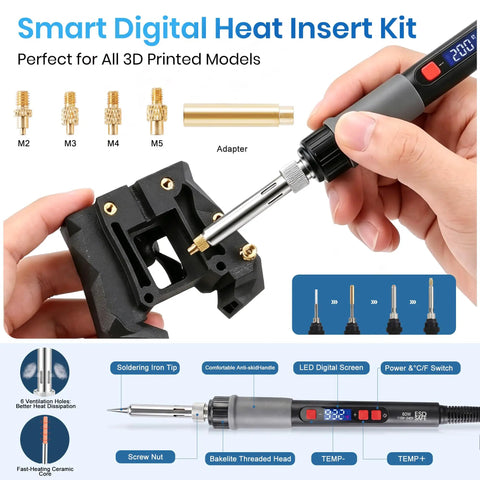 Digital soldering iron from Boss Level 184-Piece 3D Printer Tools Kit with features highlighted