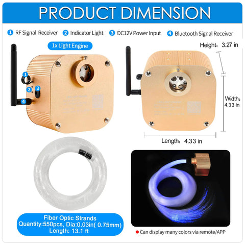 Twinkle Fiber Optic Star Lights Headliner Kit showing light engine dimensions and fiber optic strands for car interior