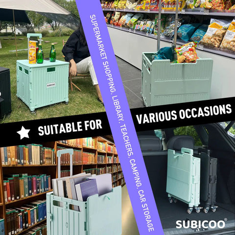 Folding Utility Cart With Lid Portable Rolling Handcart in green used for shopping, camping, and library storage on four wheels.