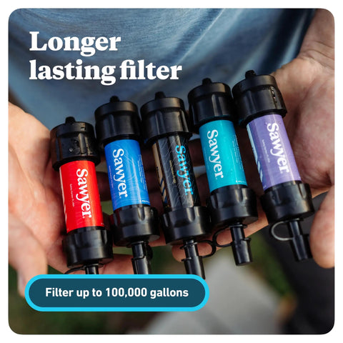 Person holding various Sawyer water filters, highlighting Palm Sized Mini Water Filtration System SP128 Blue For Hiking Camping Travel And Emergency Prep Ultra Lightweight Two Ounce Inline Filter With Point One Micron Absolute Performance Perfect For Grab And Go Backcountry Adventures.