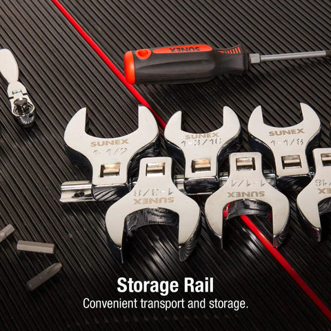 One Half Inch Drive Jumbo SAE Crowfoot Wrench Set From One Inch To One And Three Eighths Inch Go-To Tool For Tight Spaces And Easy Fastener Access Fully Polished Chrome Plated Seven Piece With Storage Rail visible with storage rail