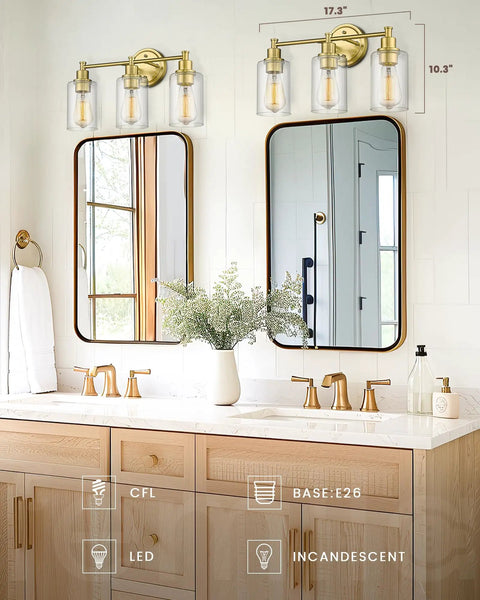 Farmhouse Style Bathroom Vanity Light Fixture With Champagne Gold Finish And Clear Glass Shade For A Dope Vintage Vibe