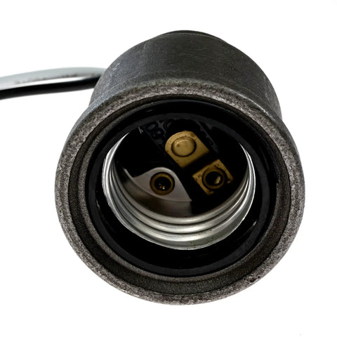 Close-up of the pipe lamp socket for half inch NPT pipe in black finish, thread view showing prewired socket for E26/E27 bulb base.