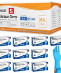 Top Shelf Disposable Nitrile Exam Gloves With A Latex Free And Powder Free Build For Doctors Lab Crews And Hands On Pros Who Want Zero Hassle Protection And Rock Solid Grip On The Job Site in blue color with packaging.